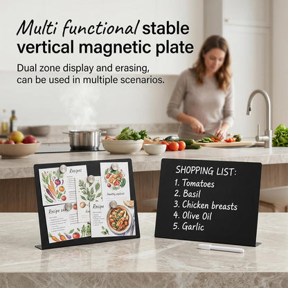 2 Pcs Black Magnetic Board, 16 x 12 Inch Magnet Board with Stand Metal Tabletop Memo Boards for Menu, Notes, Photos, School, Home, Office