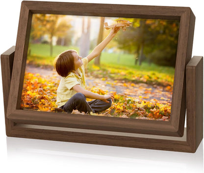 Mixoo 4x6 Picture Frame Rotating Photo Frame, Wooden Picture Frames 4x6 Horizontal Double sided Rustic Floating Frame for Desk Tabletop Family Office Wedding Graduation Gifts Teacher Appreciation Gifts