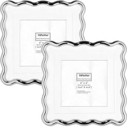 YiPinYin 4x6‘’ Gold Picture Frames Set of 2,High-End Heavy Duty Zinc Alloy Photo Frames with Wave Design,Velvet Backing, Dual Use for Desktop Display & Wall Hanging