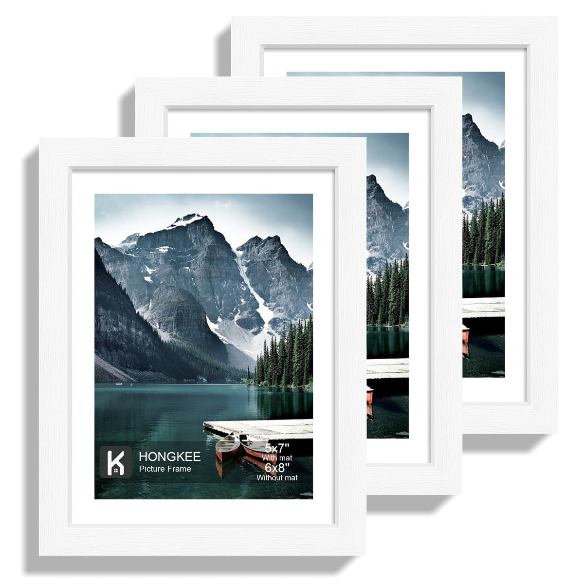 Hongkee 12x12 White Picture Frames Set of 3, Real Glass, Wood Frame,Mat 8x8