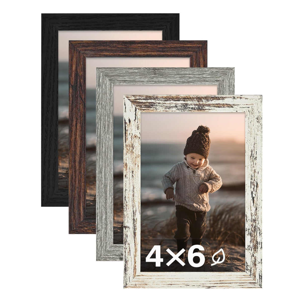 KINLINK 5x7 Picture Frames, Mix Color Photo Frames with Plexiglass for Picture 4x6 with Mat or 5x7 without Mat, Composite Wood Picture Frames for Table Top and Wall Mounting, Set of 4