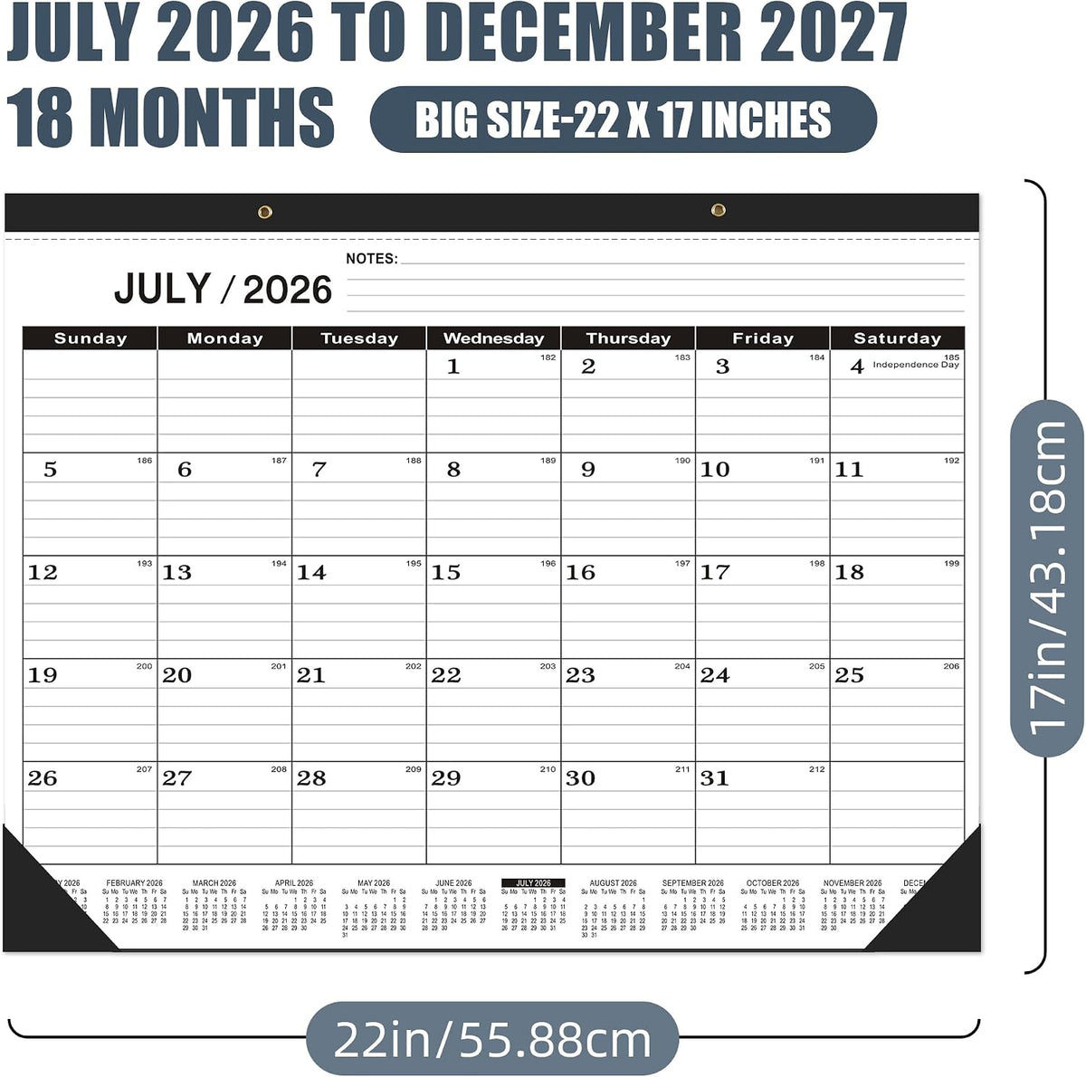 Desk Calendar 2026-2027 large 22 x17 (July 2026-December 2027) 2026-2027 Desk Calendar Large 22 x17,Classic Black Calendar 2027,Calendar 2027 with Plastic Cover