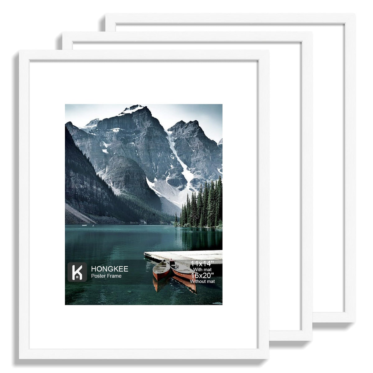 Hongkee 12x12 White Picture Frames Set of 3, Real Glass, Wood Frame,Mat 8x8