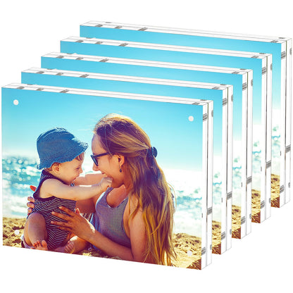 HELPLEX Acrylic Frames, 2 Pack 5x7, 24mm Thicker Frameless Clear Picture Frame, Double Sided Magnetic, Free Standing Desktop Display