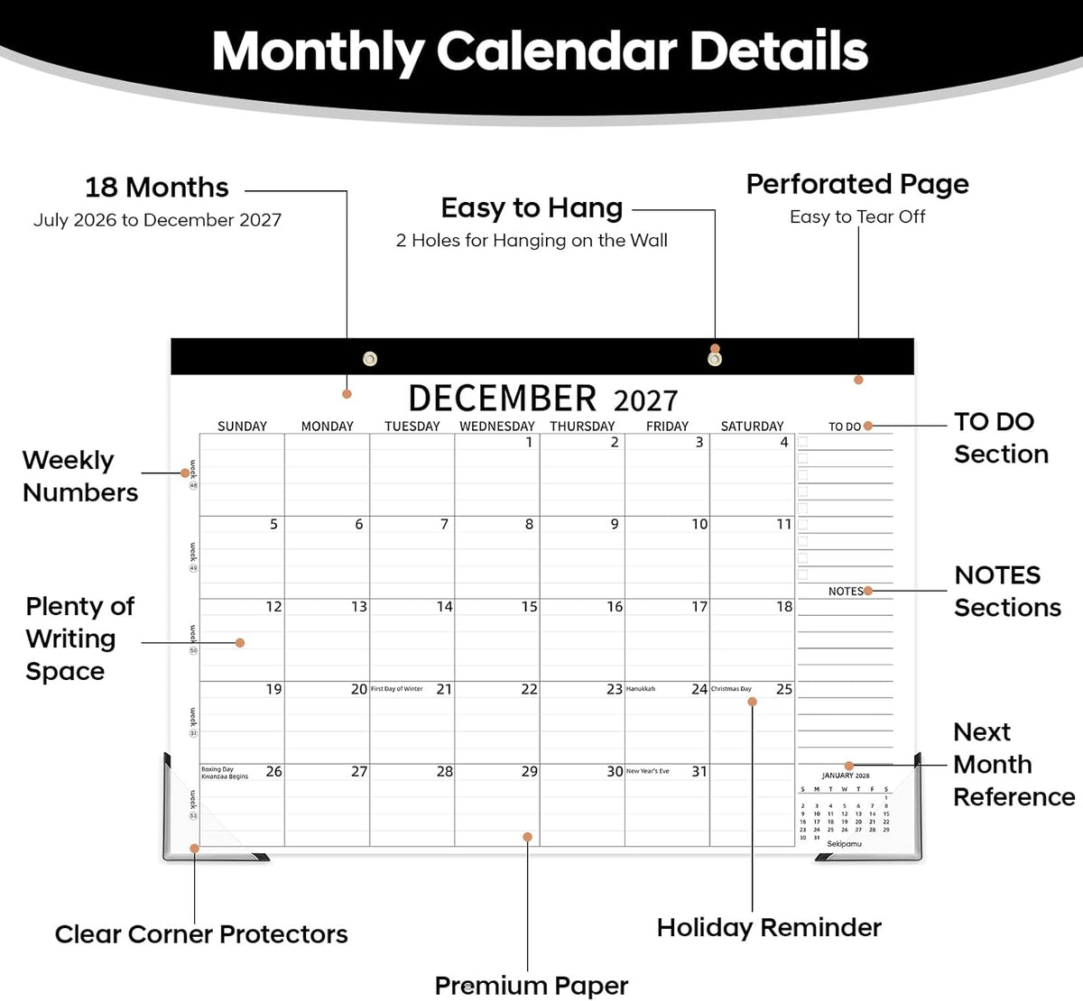 Desk Calendar 2027-2028, 17" x 12" Large Desk Calendar January 2027 to June 2028, 18 Months Calendar for Home Office