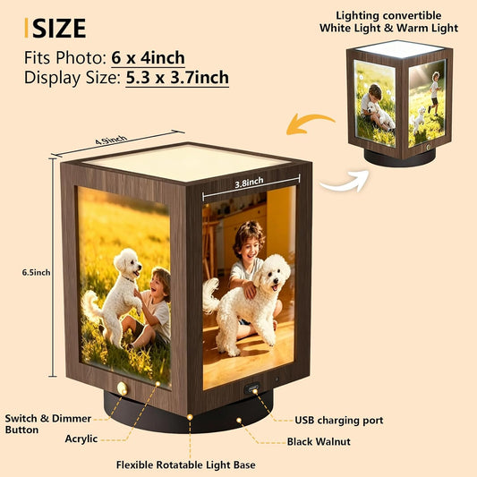 Mixoo 4x6 Picture Frame Light, Vintage Rotating Photo Frame Tabletop Lamp, Touch Desk Lamp for Bedroom Bedside, Table lamps for Office Family Retirement Anniversary Birthday Gifts (Wooden Brown)