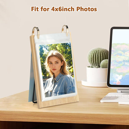 4x6 Desk Flip Photo Album Small Office Desktop Wooden 4x6 Picture Frame Vertical Standing, 4x6in Portrait Family Photo Collections Tabletop