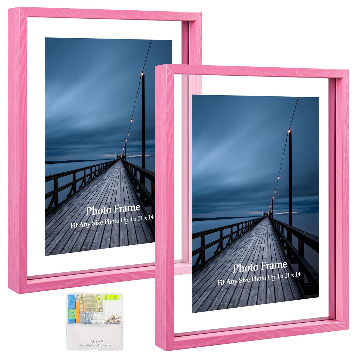 MUYE 5x7 Floating Frame Set of 2,Double Glass Rustic Photo Frame for Wall Hanging or Tabletop Standing,Also Display 4x6 or 3x5 Photo for Floating Effect,Natural