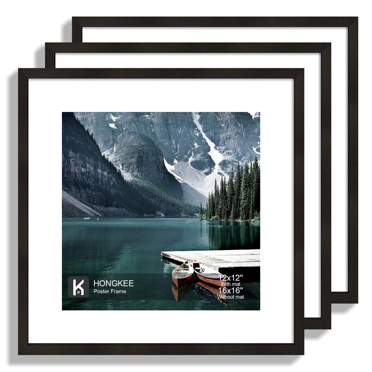 Hongkee 12x12 White Picture Frames Set of 3, Real Glass, Wood Frame,Mat 8x8