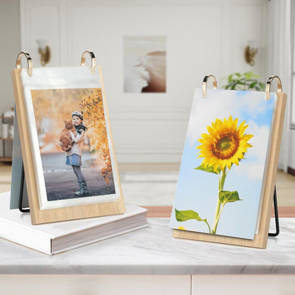 4x6 Desk Flip Photo Album Small Office Desktop Wooden 4x6 Picture Frame Vertical Standing, 4x6in Portrait Family Photo Collections Tabletop