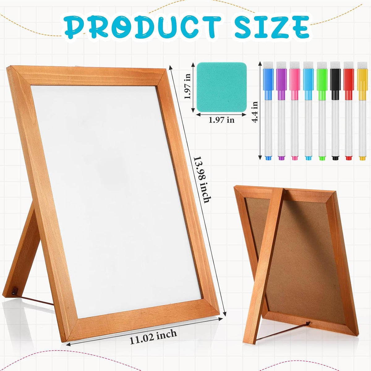 Chuangdi Desktop Dry Erase Board Whiteboard with Stand 14 x11 Desktop Whiteboard Wooden Frame White Writing Board with 8 Pcs Marker Pens 1 Magnetic Eraser for School Office Restaurant Menu Supplies
