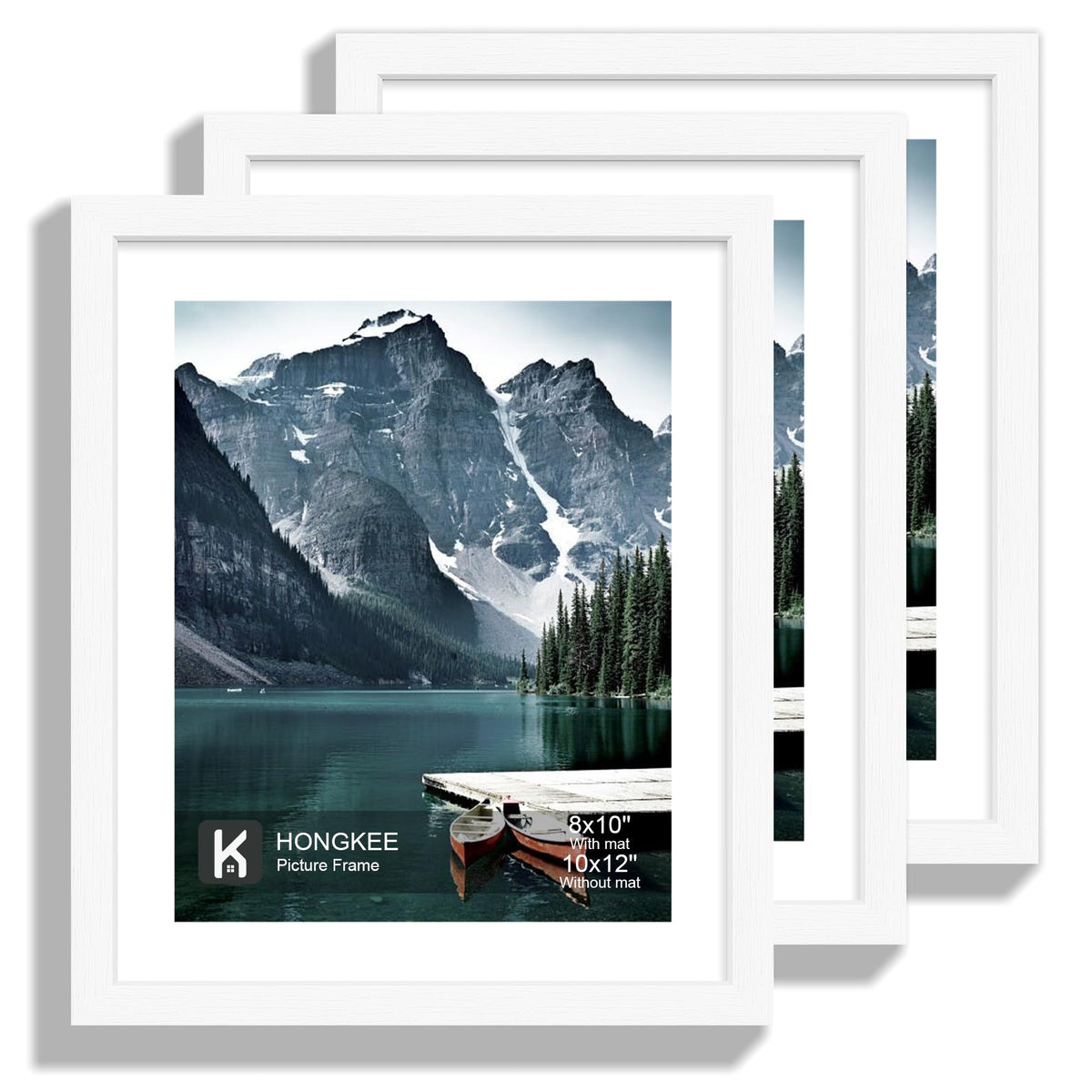 Hongkee 12x12 White Picture Frames Set of 3, Real Glass, Wood Frame,Mat 8x8