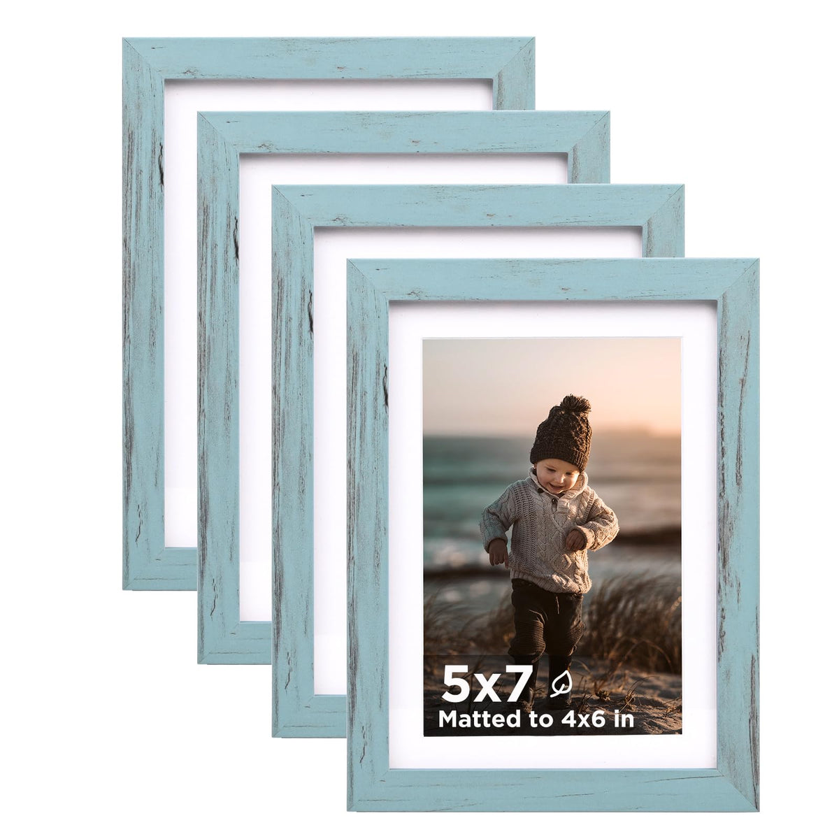 KINLINK 5x7 Picture Frames, Mix Color Photo Frames with Plexiglass for Picture 4x6 with Mat or 5x7 without Mat, Composite Wood Picture Frames for Table Top and Wall Mounting, Set of 4