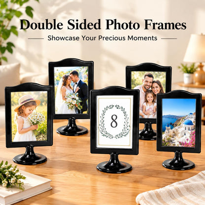 Lawei 10 Pack Double Sided Standing Picture Frames, 4x6 Inch Plastic Pedestal Photo Frame Bulk, Two Sided Vertical Picture Holder with Inserts & Base, Black Display Frame for Wedding Table Number Menu
