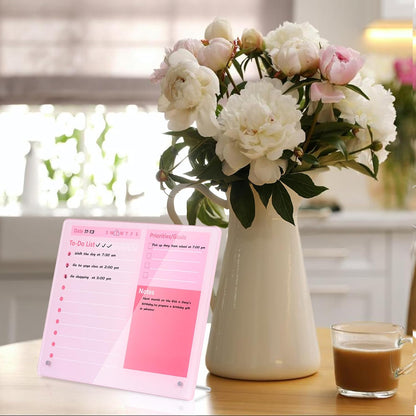 Desktop Thickened Acrylic Dry Erase Board to do List Planner Board，12"x10"，Tabletop Whiteboard with Stand，Frameless Pink Dry Erase White Board，for Office/Home/School