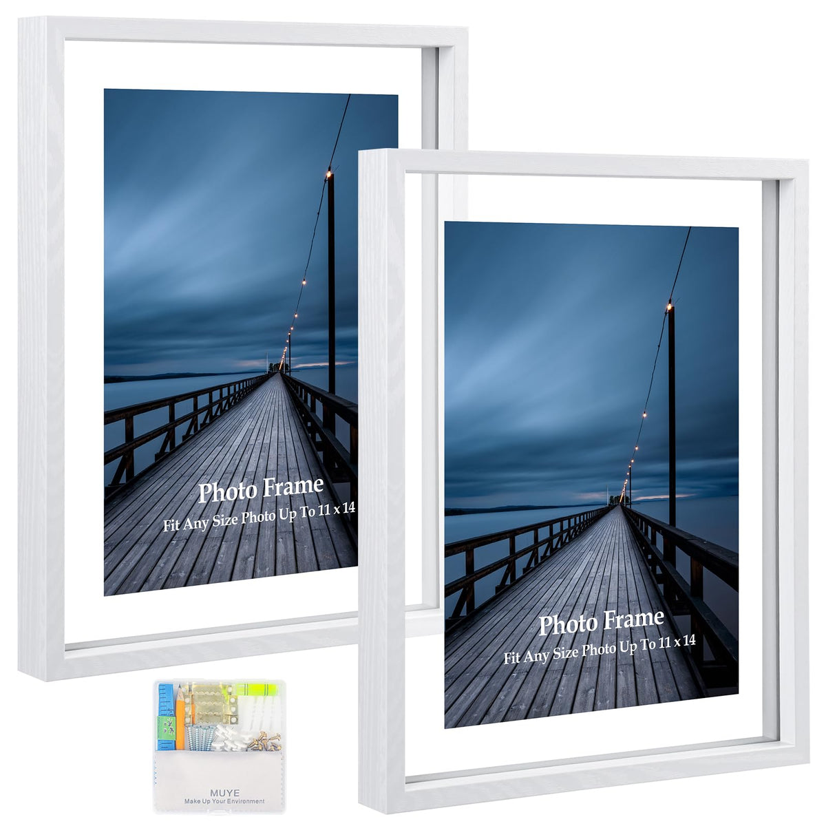 MUYE 5x7 Floating Frame Set of 2,Double Glass Rustic Photo Frame for Wall Hanging or Tabletop Standing,Also Display 4x6 or 3x5 Photo for Floating Effect,Natural