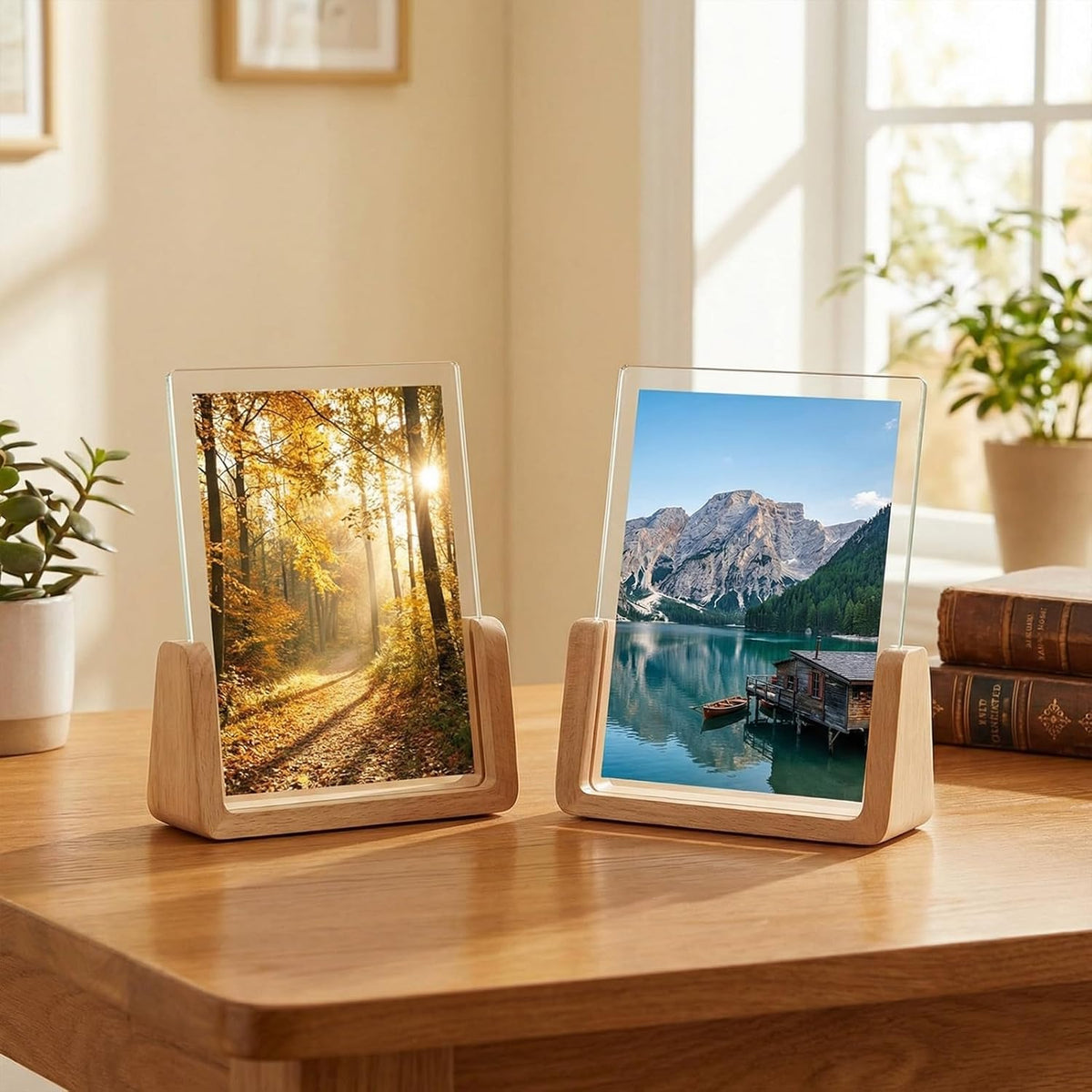 5x7 Rustic Picture Frame Set of 2 Wooden Photo Frames with Base U Shaped Double Sided High Definition Acrylic Covers Menu Holder Sign Card Stand for Tabletop or Desktop Display,Vertical (7-in Vertical)