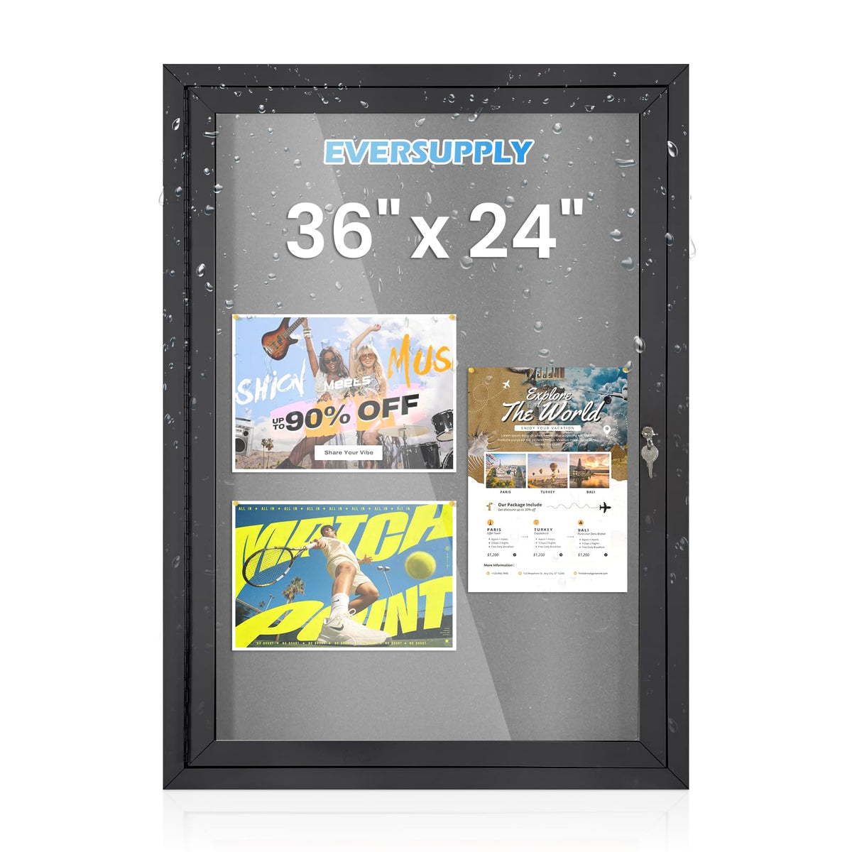 36x24 in Outdoor Bulletin Board Enclosed Display Case, Grey Felt & Black