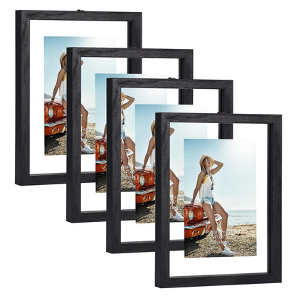 Trwcrt 5x7 Floating Picture Frames Set of 4, Double Glass Photo Frame Display up to 7 x 9 Photos for Desktop or Wall Hanging, Black