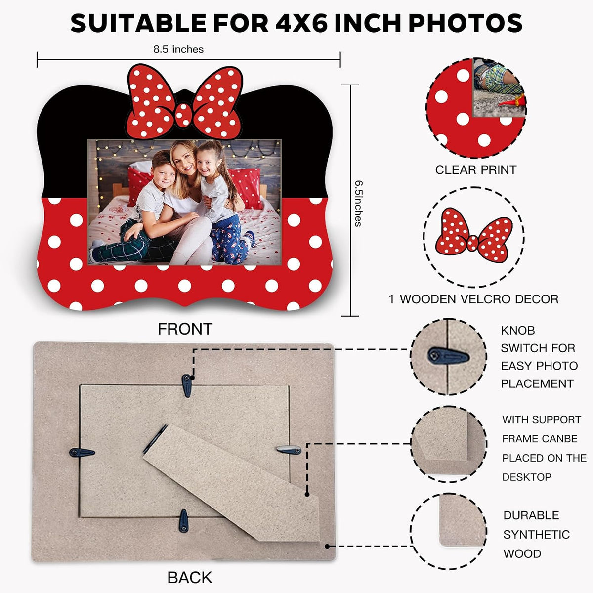 Cartoon photo frame, suitable for 4x6 photos, with bow decoration, thick frame Backrest with stand, for displaying photos desktop, gifts for kids and friends - B12