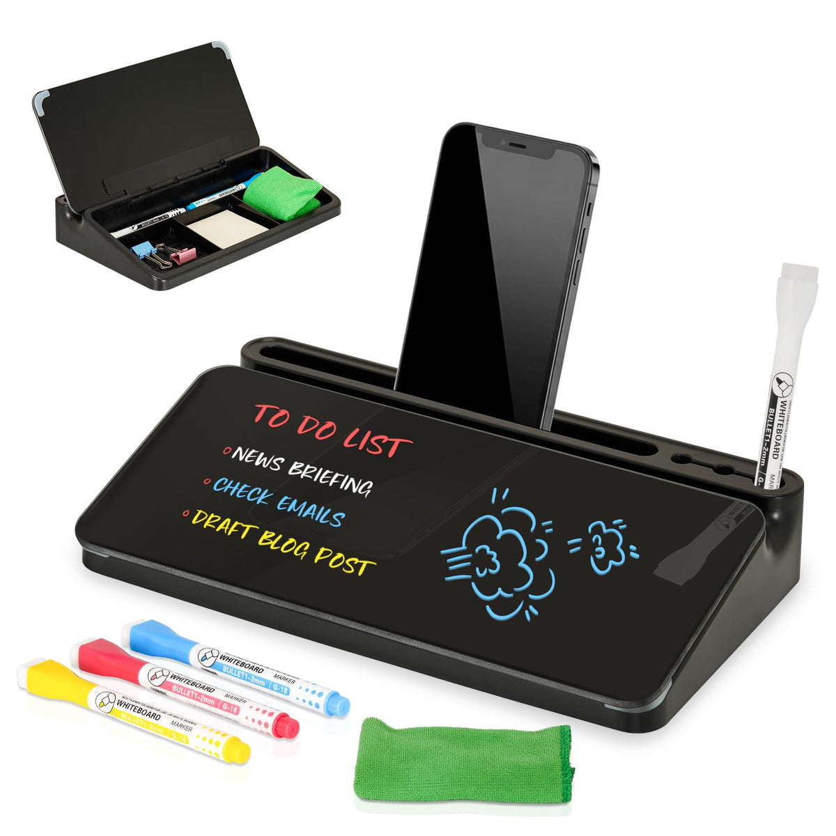 DOLLAR BOSS Glass Desk Whiteboard Small Dry Erase Board, All Black