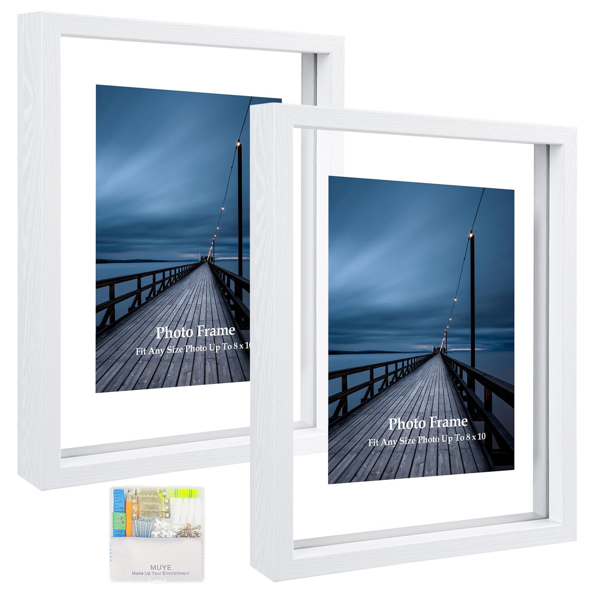 MUYE 5x7 Floating Frame Set of 2,Double Glass Rustic Photo Frame for Wall Hanging or Tabletop Standing,Also Display 4x6 or 3x5 Photo for Floating Effect,Natural