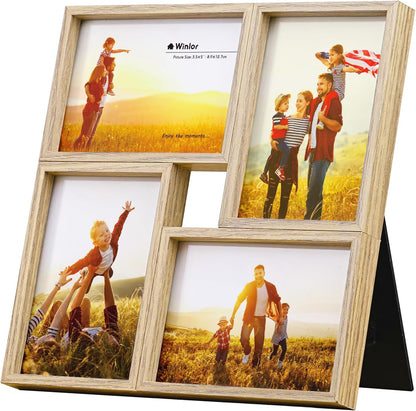 3.5x5 Collage Picture Frame 4 Openings, FSC Certified MDF Wood Family Photo Frame with HD Glass for Desktop & Wall Mount, Multi Picture Frames Set for Baby Nursery Room Decor, Natural
