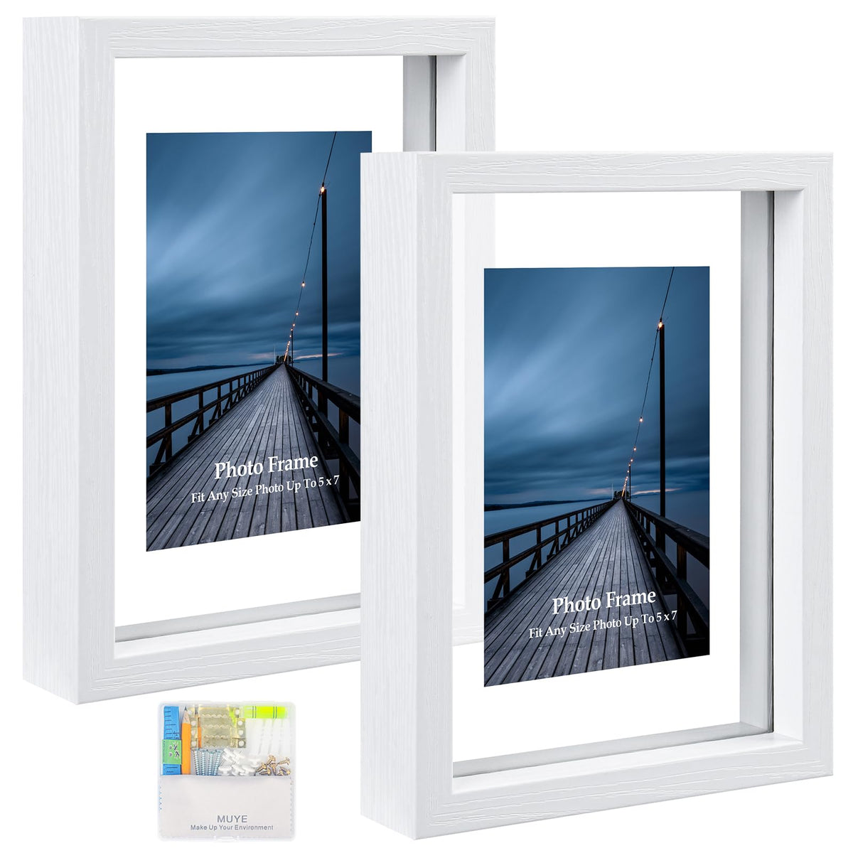 MUYE 5x7 Floating Frame Set of 2,Double Glass Rustic Photo Frame for Wall Hanging or Tabletop Standing,Also Display 4x6 or 3x5 Photo for Floating Effect,Natural