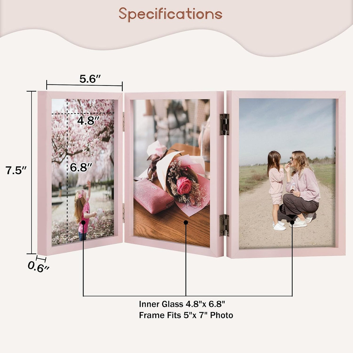 5x7 Triple Picture Frame Tabletop Display for Photos Pink