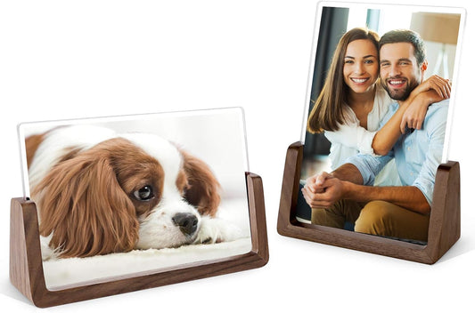 Mixoo 4x6 Picture Frame 2 Pack - Rustic Wooden Picture Frames with Walnut Wood Base and High Definition Break Free Acrylic Photo Covers for Desk Tabletop Display Teacher Father Gifts (Horizontal + Vertical)