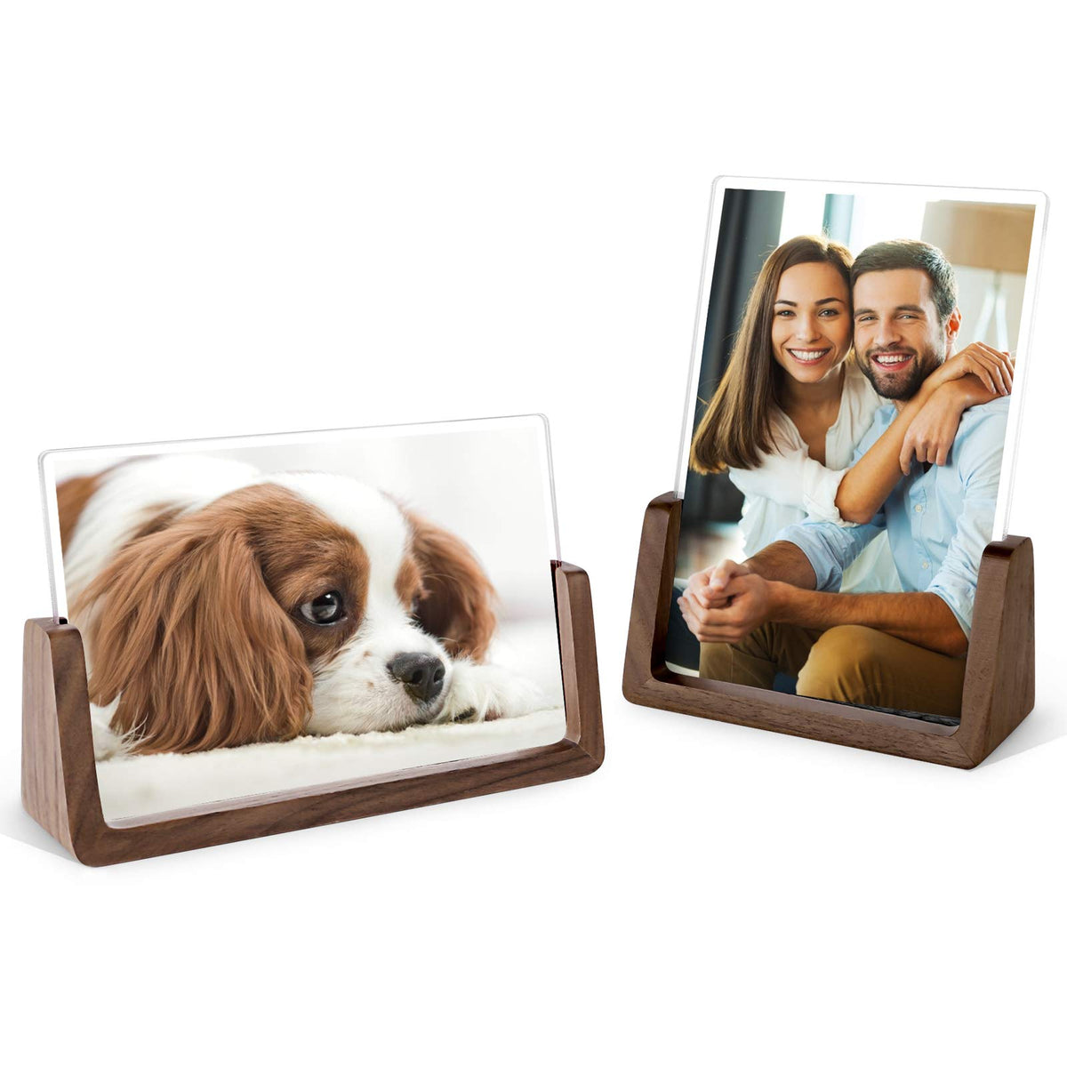 Mixoo 5x7 Picture Frame 2 Pack - Double Rustic Vintage Wooden Picture Frames 5x7 inch with Walnut Wood Base and High Definition Break Free Acrylic Glass Covers for Tabletop Desktop Display ( 5x7" Horizontal + Vertical)