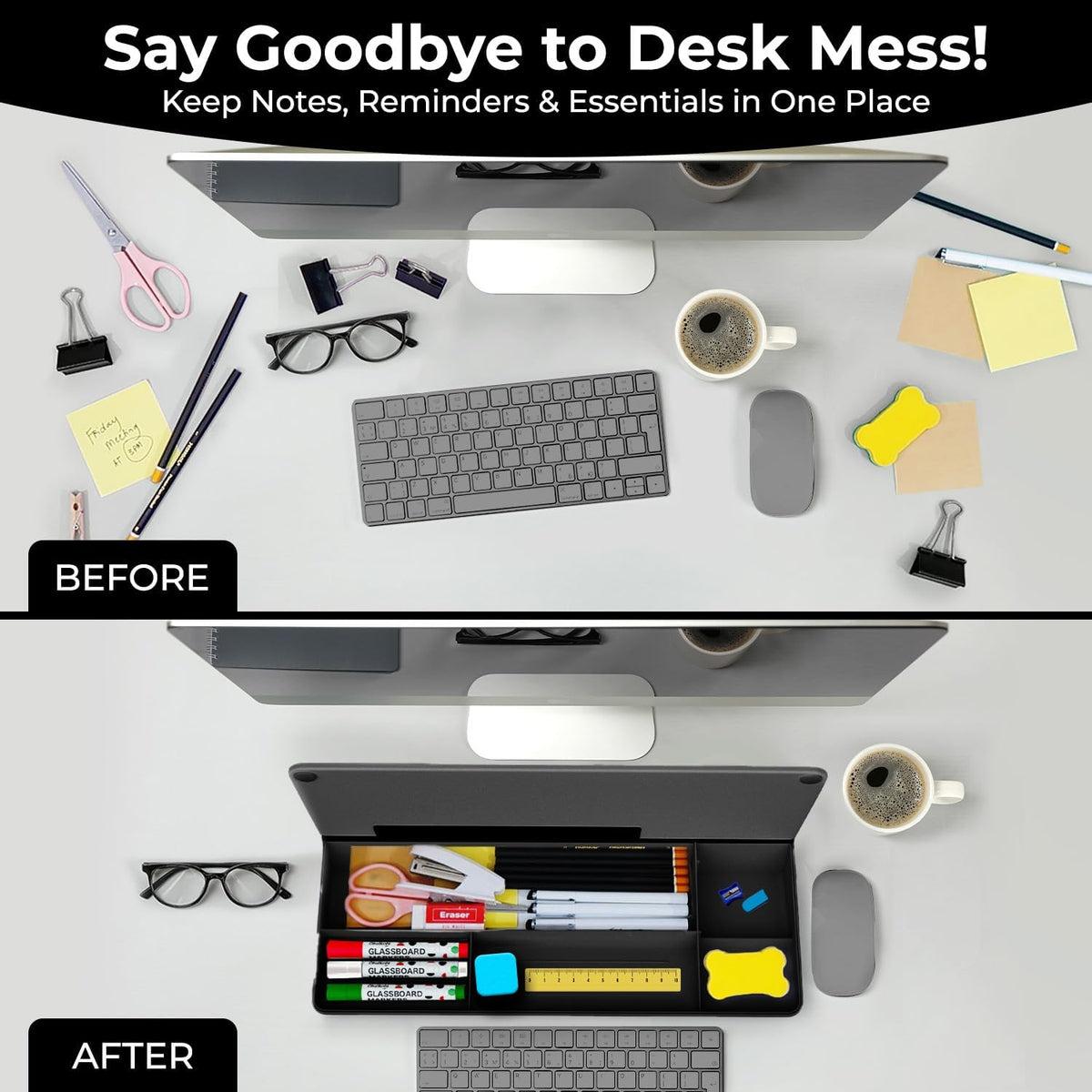 Chalkola Black Glass Desktop Whiteboard with Storage - Desk Organizer Buddy