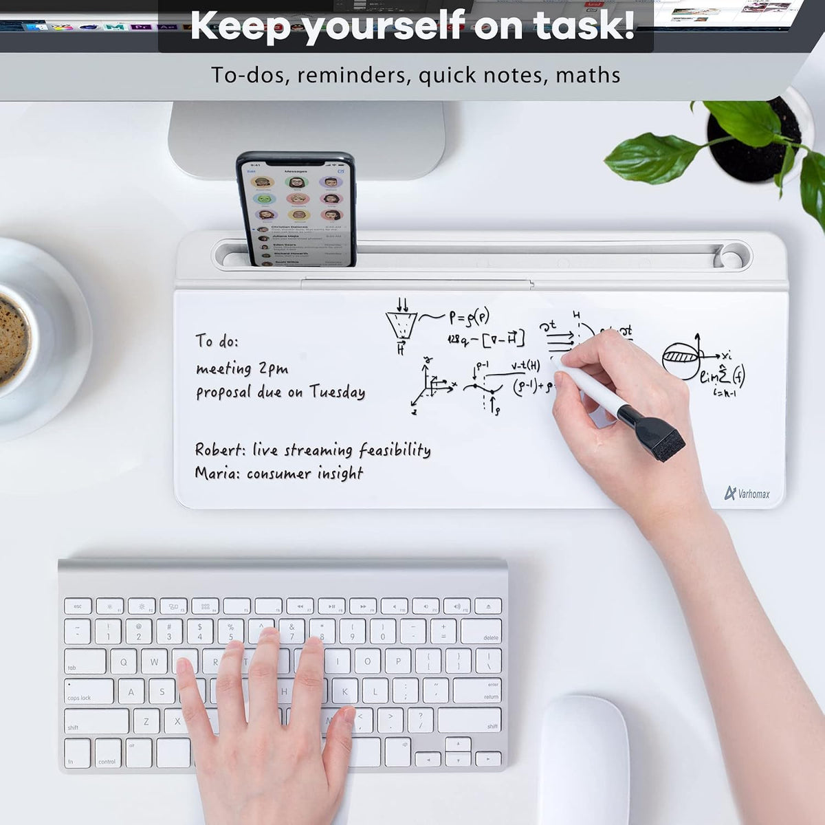 Varhomax Glass Desk Whiteboard with Storage, Desktop Organizer