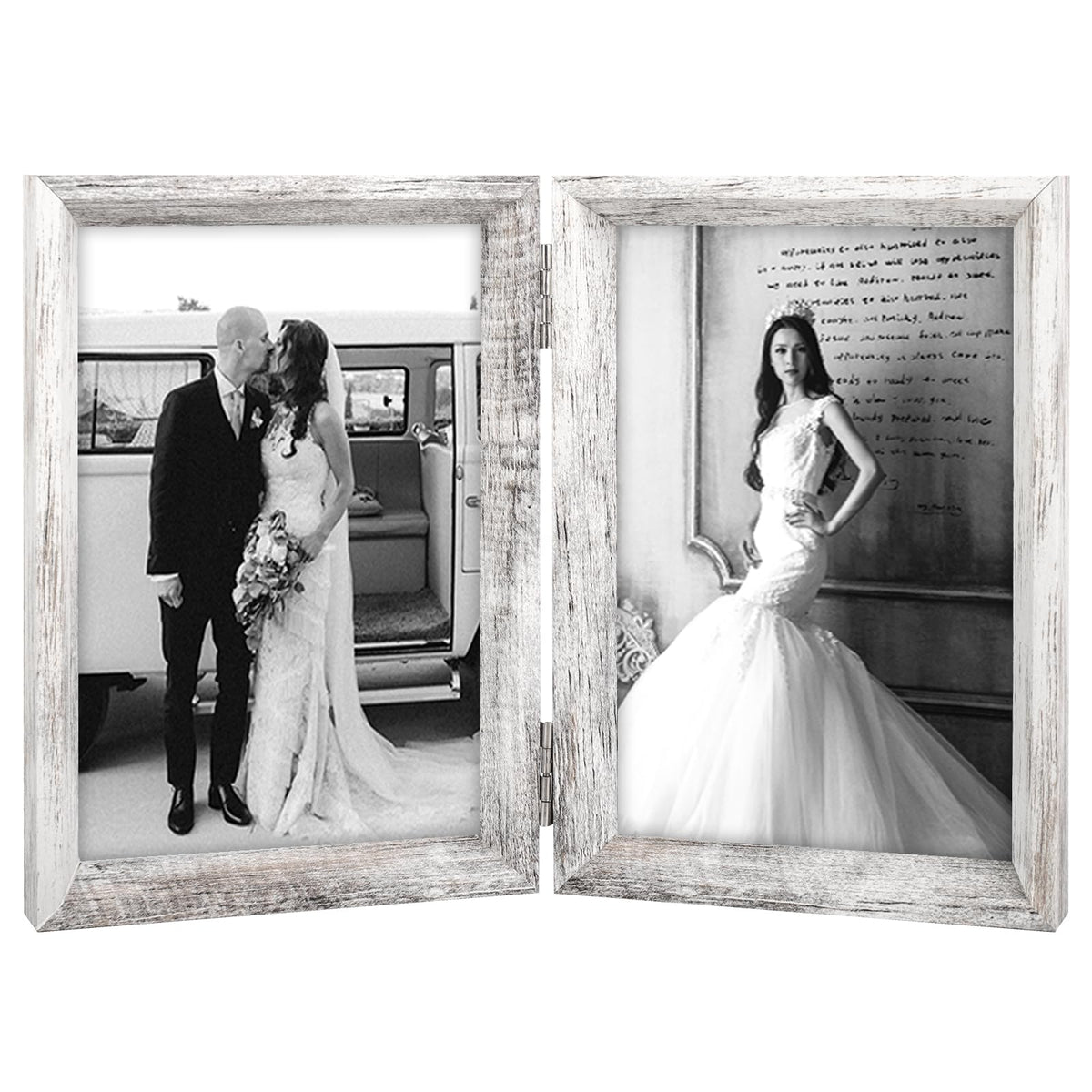 TOFOREVO 4x6 Double Picture Frame Rustic Brown Wooden Hinged Beveled Photo Frame Definition Glass 2 Vertical Openings Stand on Desktop Tabletop