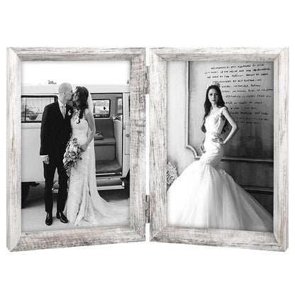 TOFOREVO 4x6 Double Picture Frame Rustic Brown Wooden Hinged Beveled Photo Frame Definition Glass 2 Vertical Openings Stand on Desktop Tabletop