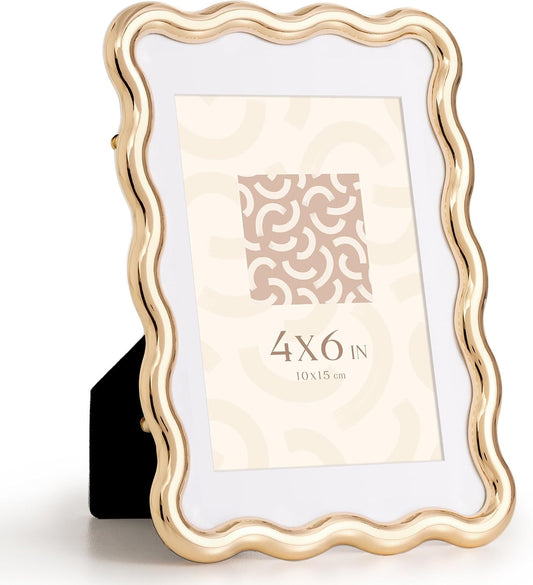 RICHFOCUS Zinc Alloy Gold Wave Design Picture Frame, 4x6 Metal Photo Frame with Mat for 3.5x5, Black Velvet Back & Real Glass Front, Display for Desktop & Wall Hanging Vertically or Horizontally