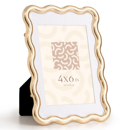 RICHFOCUS Zinc Alloy Gold Wave Design Picture Frame, 4x6 Metal Photo Frame with Mat for 3.5x5, Black Velvet Back & Real Glass Front, Display for Desktop & Wall Hanging Vertically or Horizontally