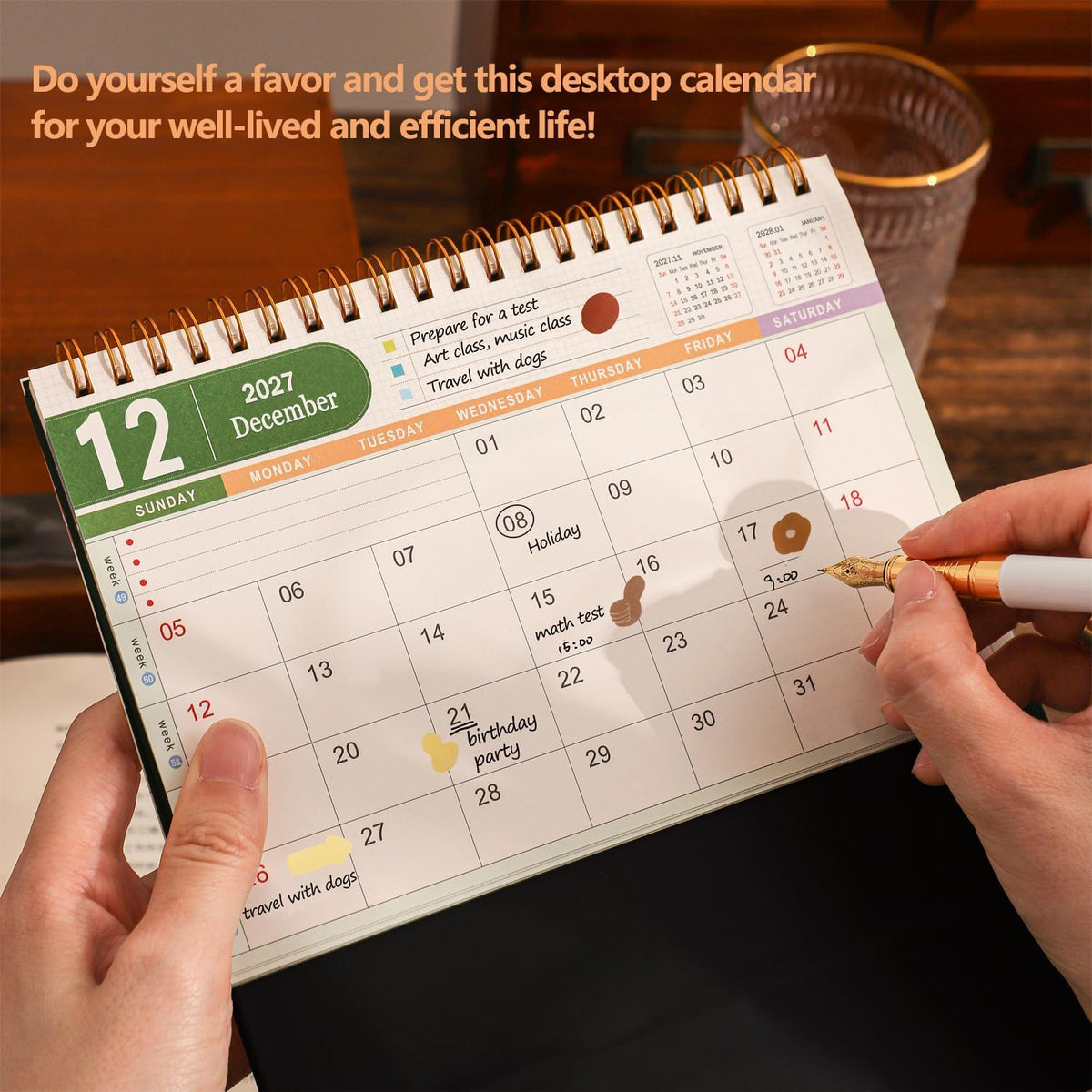 Small Desk Calendar 2027-2028, Standing Flip Desktop Calendar from January 2027 to June 2028 - Metal Ring Twin-Wire Binding Monthly Desktop Calendar for Home Office School (Black)