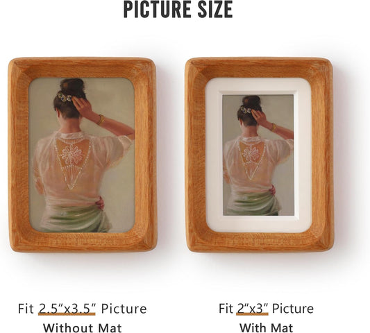 Wooden Picture Frames, 2.5x3.5 Small Polaroid Picture Frame Matted to 2x3 with Plexiglass, Teak Solid Natural Wood Tiny Photo Frame, For TableTop and Wall Mounting