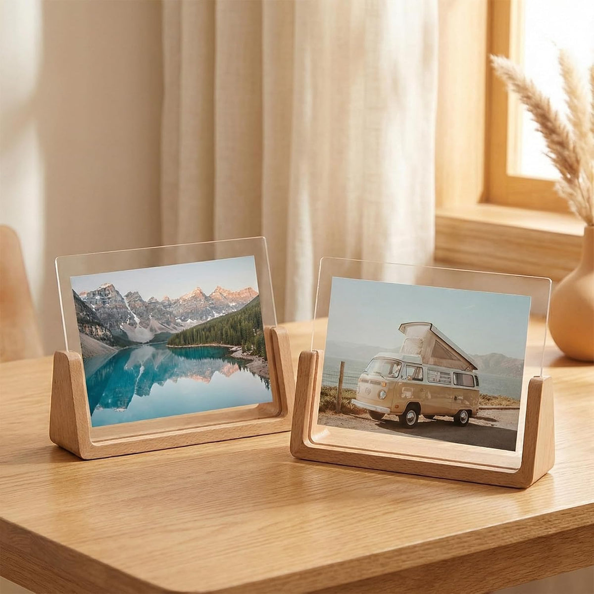 5x7 Rustic Picture Frame Set of 2 Wooden Photo Frames with Base U Shaped Double Sided High Definition Acrylic Covers Menu Holder Sign Card Stand for Tabletop or Desktop Display,Vertical (7-in Vertical)