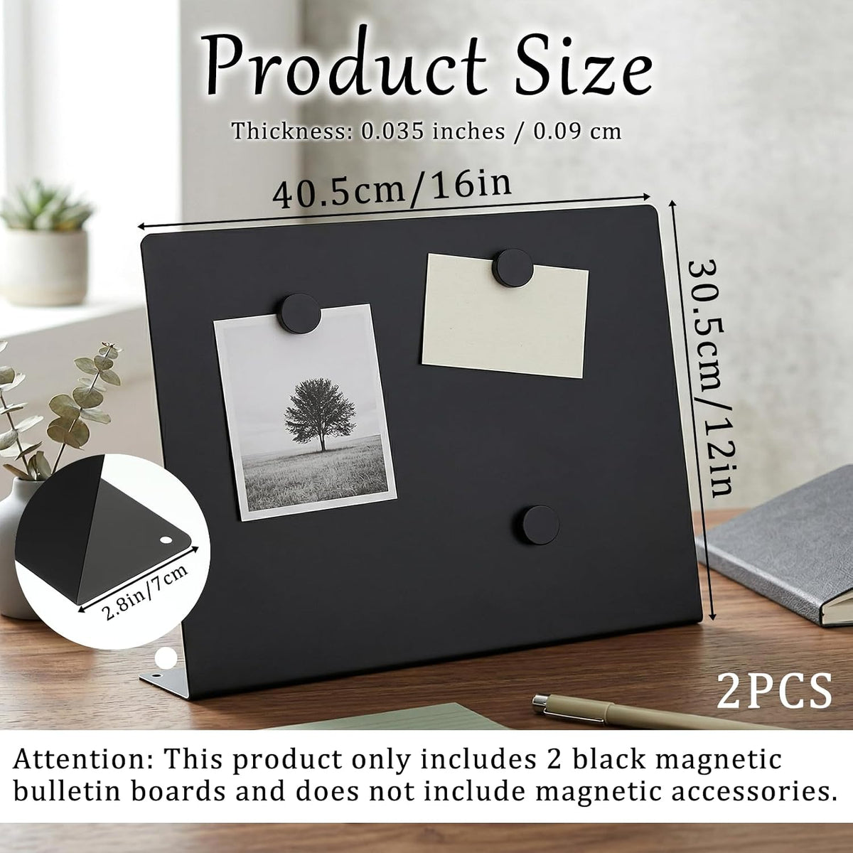 2 Pcs Black Magnetic Board, 16 x 12 Inch Magnet Board with Stand Metal Tabletop Memo Boards for Menu, Notes, Photos, School, Home, Office