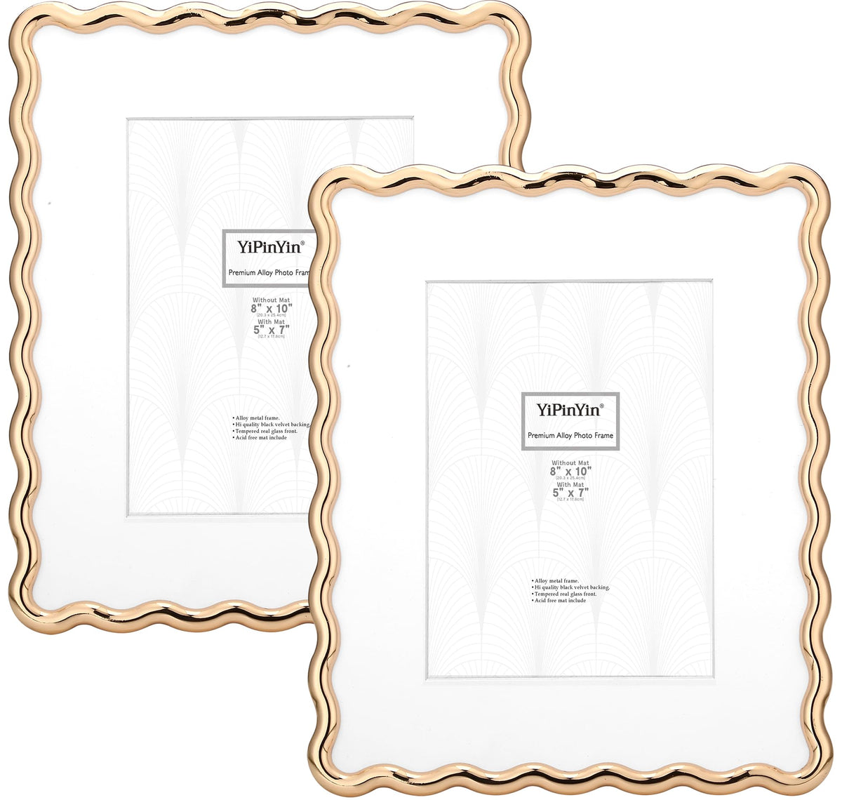 YiPinYin 4x6‘’ Gold Picture Frames Set of 2,High-End Heavy Duty Zinc Alloy Photo Frames with Wave Design,Velvet Backing, Dual Use for Desktop Display & Wall Hanging