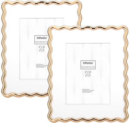 YiPinYin 4x6‘’ Gold Picture Frames Set of 2,High-End Heavy Duty Zinc Alloy Photo Frames with Wave Design,Velvet Backing, Dual Use for Desktop Display & Wall Hanging