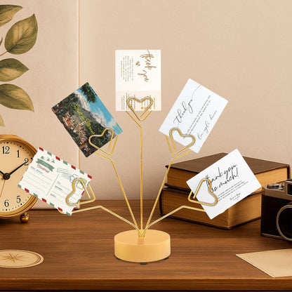 Desktop Heart-Shaped Photo Tree Style Holders Round Base,5-Branch Family Picture Frame Clips Holder Desk Card Display Stand for Christmas,Wedding, Birthday Party,Gift (Golden)