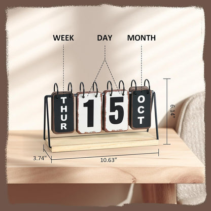 Metal Flip Calendar with Wooden Base, Daily Perpetual Desk Calendar with Large Display, Modern Farmhouse Desktop Calendar for Home Office Decor, Reusable and Foldable