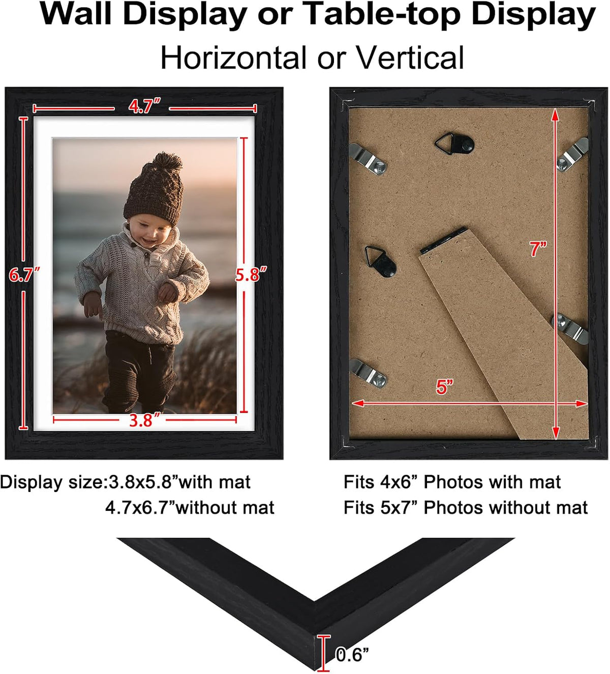 KINLINK 5x7 Picture Frames, Mix Color Photo Frames with Plexiglass for Picture 4x6 with Mat or 5x7 without Mat, Composite Wood Picture Frames for Table Top and Wall Mounting, Set of 4