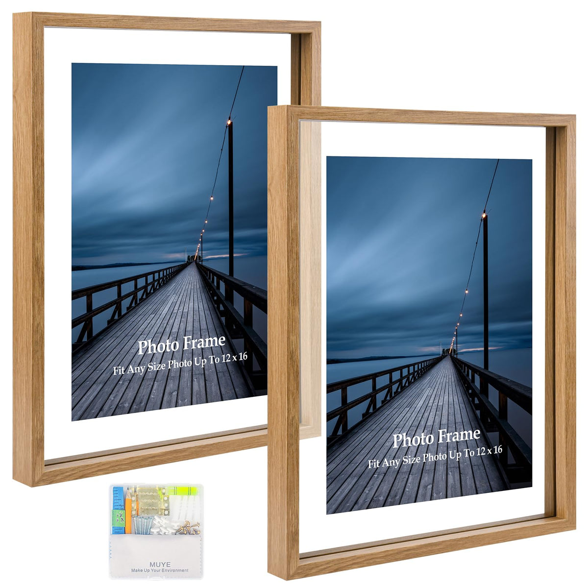 MUYE 5x7 Floating Frame Set of 2,Double Glass Rustic Photo Frame for Wall Hanging or Tabletop Standing,Also Display 4x6 or 3x5 Photo for Floating Effect,Natural