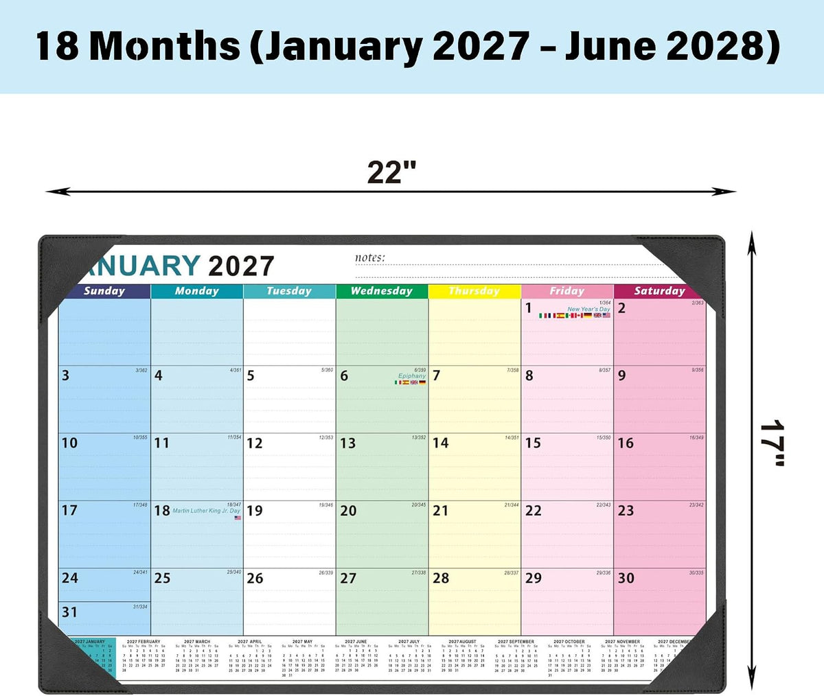 Large Desk Calendar 2027-2028 17'' X 22'' with Desktop Mat18 Months