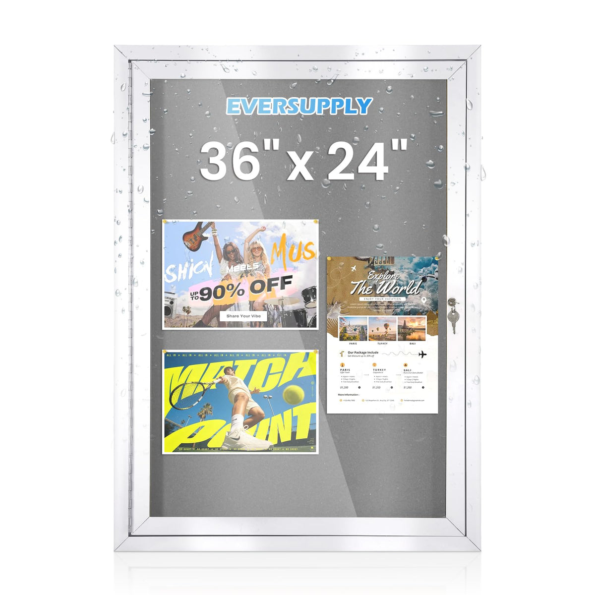 36x24 in Outdoor Bulletin Board Enclosed Display Case, Grey Felt & Black