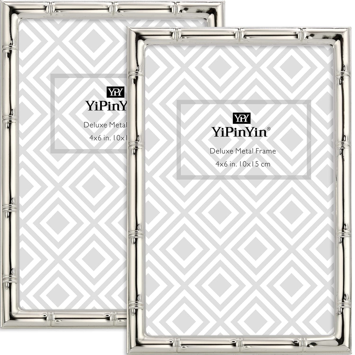 4x6'' Bamboo Detail Double Photo Frames,Silver 6x4'' Double Metal Picture Frames,Elegant Silver Plated Photo Frames 4 x 6'' With Soft Touch Velvet Backing and Real Glass for Desktop and Shelf Decor